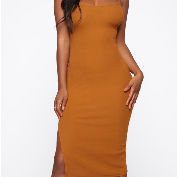 FASHIONNOVA MUSTARD SLIT MIDI DRESS - Picture 1 of 4